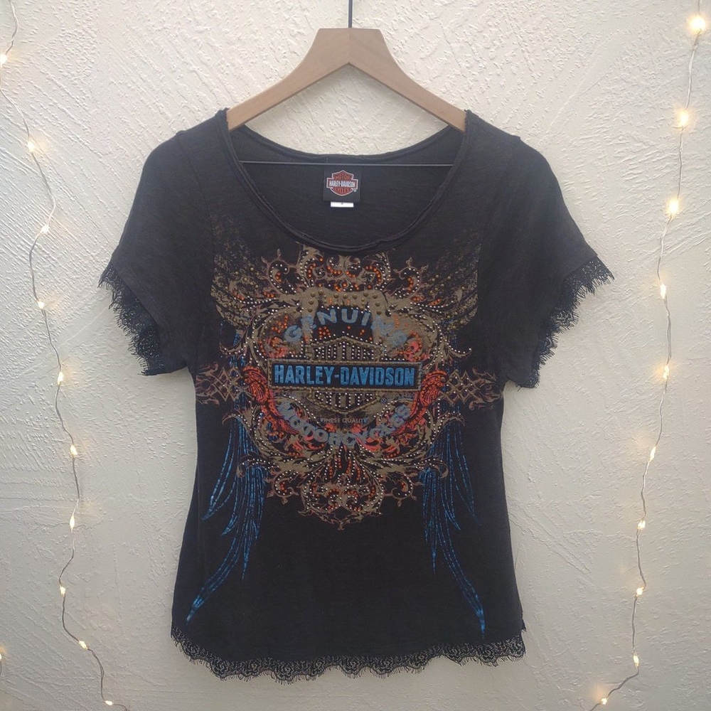 Y2K 2000S HARLEY DAVIDSON JEWELED LOGO LACE MADE IN USA WOMEN'S SIZE MEDIUM